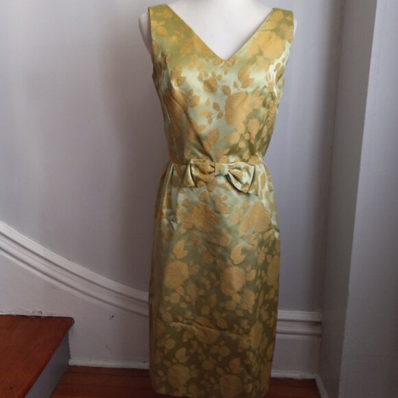 VINTAGE 1960'S GREEN GOLD BROCADE DRESS JACKET SET - Picture 1 of 15